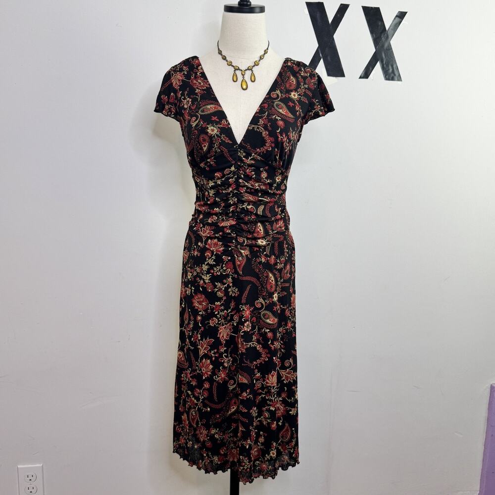Vintage 90s La Belle Black Floral V-Neck Lined Midi Dress Ruched Front M